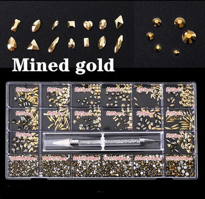 3830Pcs/Box Mixed AB Glass Crystal Diamond In Grids 21 Shape And SS6-SS20 Flatback Nail Art Rhinestone Set With 1 Pick Up Pen
