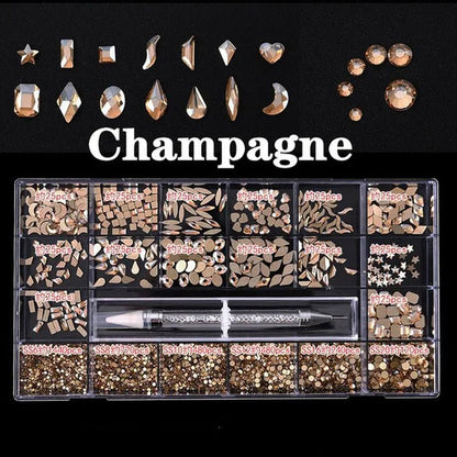 3830Pcs/Box Mixed AB Glass Crystal Diamond In Grids 21 Shape And SS6-SS20 Flatback Nail Art Rhinestone Set With 1 Pick Up Pen