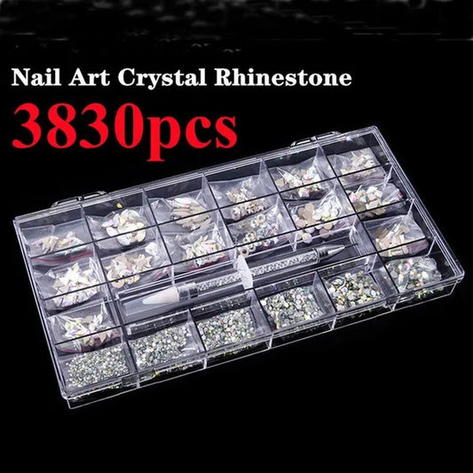 3830Pcs/Box Mixed AB Glass Crystal Diamond In Grids 21 Shape And SS6 - SS20 Flatback Nail Art Rhinestone Set With 1 Pick Up Pen - WORLD TIME VISITS