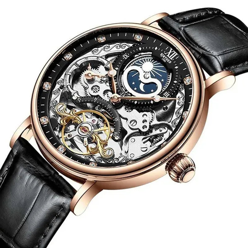 KINYUED Mechanical Automatic Watch Men Tourbillon Wristwatch Sports Clock Mechanism Self Winding Watches Casual Moon Horloge Man Watches