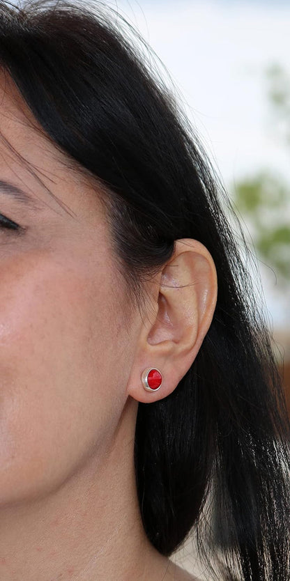 Sterling Silver 925 round 9.8Mm Natural Red Coral Tiny Handmade Stud Earrings for Women