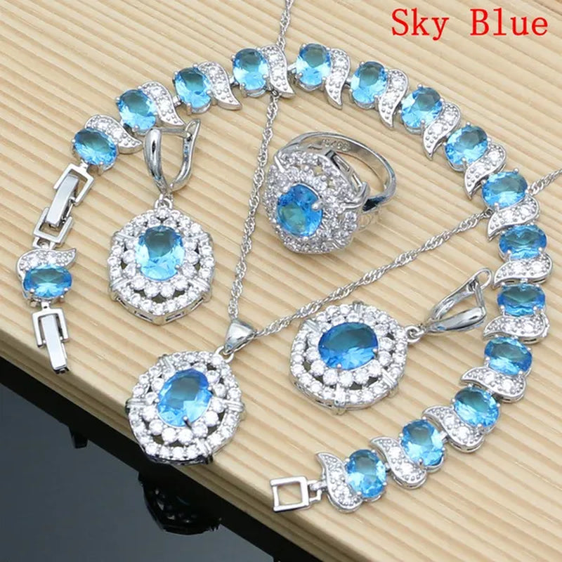 Oval 925 Silver Party Jewelry Sets blue sapphire White CZ Earrings Pendant Necklace Rings Bracelet Gift For Women