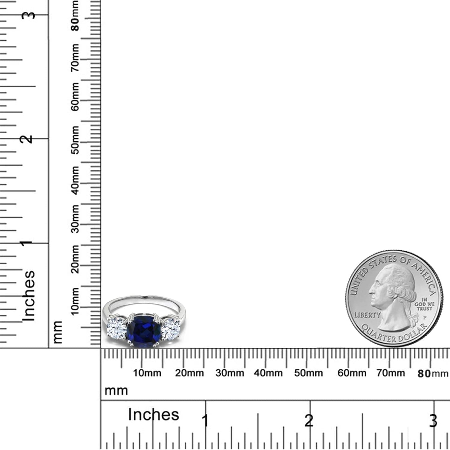 925 Sterling Silver Blue Simulated Sapphire and White Zirconia 3 Stone Engagement Ring for Women (4.00 Cttw, Gemstone September Birthstone, Cushion 8MM, Available in Size 5,6,7,8,9)