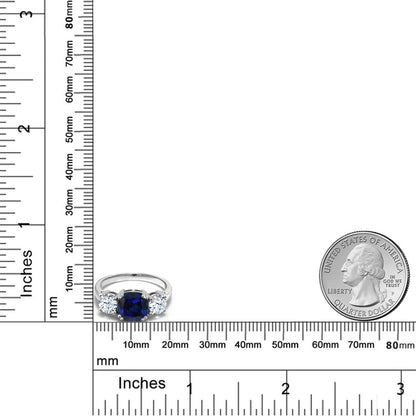 925 Sterling Silver Blue Simulated Sapphire and White Zirconia 3 Stone Engagement Ring for Women (4.00 Cttw, Gemstone September Birthstone, Cushion 8MM, Available in Size 5,6,7,8,9)