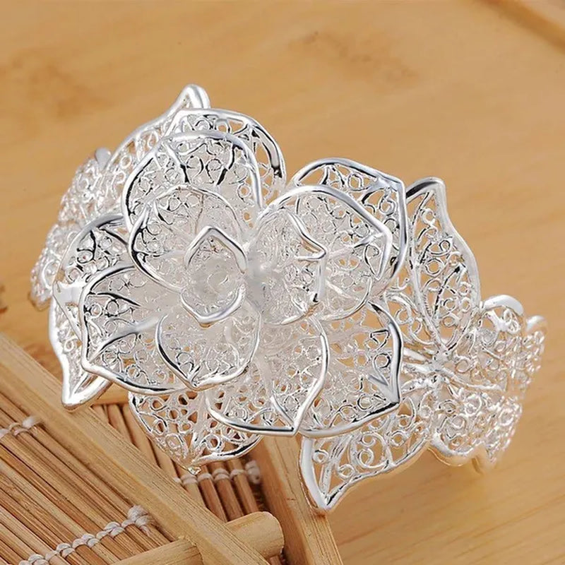 Exquisite 925 Sterling Silver Hollow Filigree Blooming Rose Flower Open Bangle Bracelet Charm Jewelry Gift