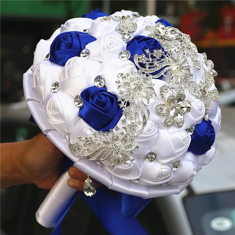21CM Silver Rhinestone Bridal Hand Flowers Ribbon Wedding Hand Bouquet Mixed Color Silk Rose Diamond Brooch Bridesmaid Bouquet Wedding Supplies