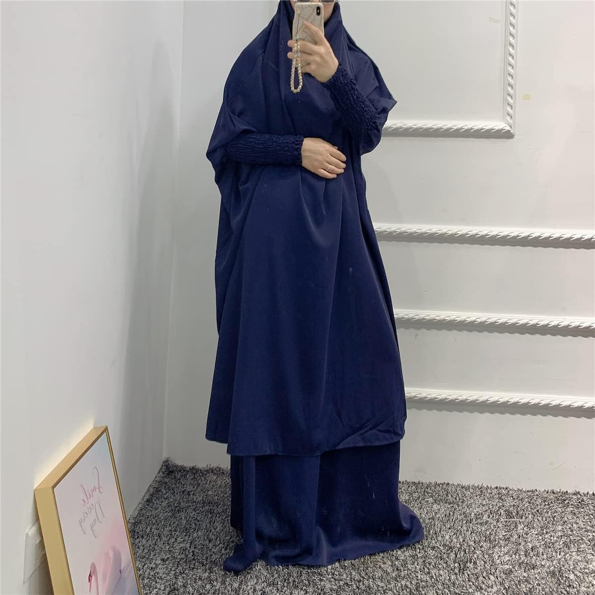 Women Muslim 2 Set Solid Color plus Long Sleeve Thobe One-Size Longuette Overall Abaya Thobe with Hoodied Hijab