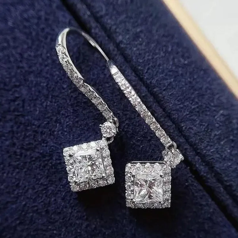Square Cut Zircon Pendant Silver Plated Lab Diamond Drop Earrings for Women Bridal Engagement Wedding Fashion Accessories