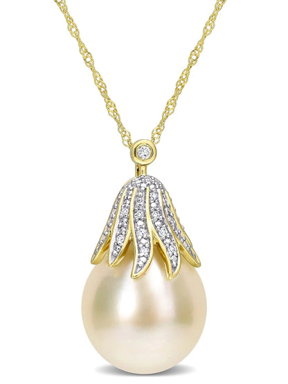 10-11Mm South Sea Cultured Freshwater Pearl and Diamond Accent 14Kt Yellow Gold Leaf Crown Drop Pendant with Chain