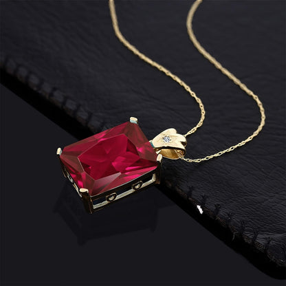 20.03 Cttw 18K Yellow Gold Plated Silver Red Created Ruby and White Topaz Pendant Necklace for Women | Emerald Cut 18X13MM | with 18 Inch Chain
