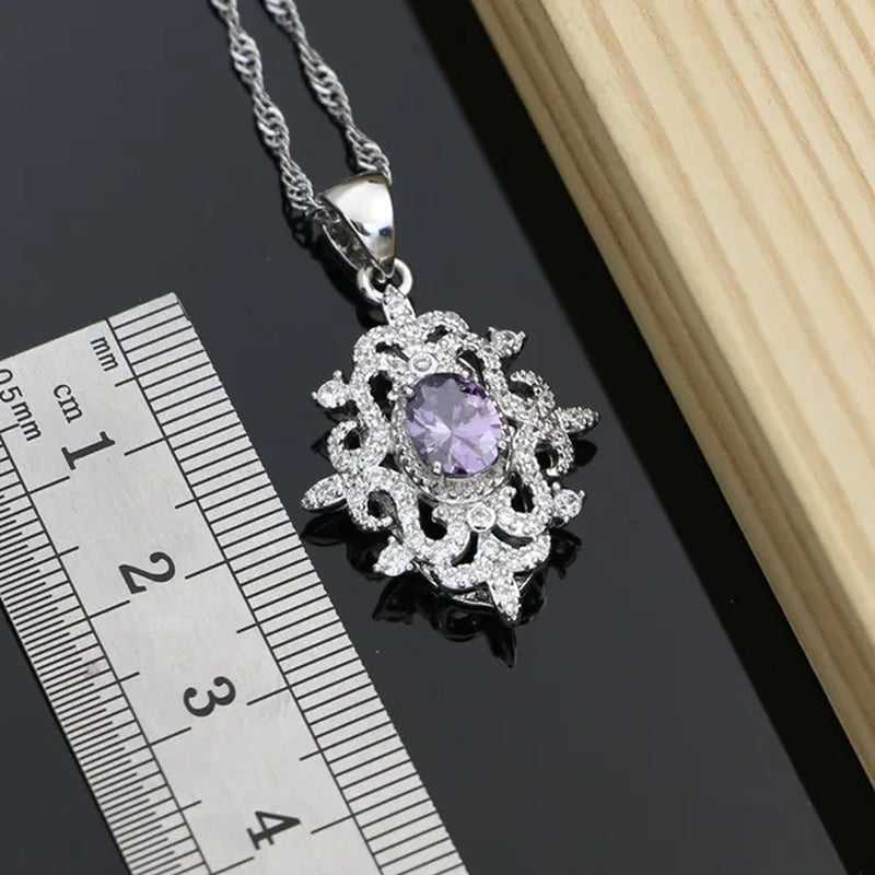 Romantic Women Anniversary Silver 925 Jewelry Sets Sapphire Amethyst Garnet Emerald Gemstone Fashion Necklace Set