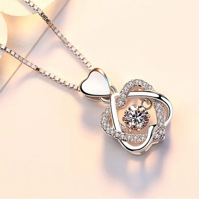 Fashion Romantic Double Heart Diamond Heartbeat Necklace Sapphire Flower Pendant Necklace with Zircon Rose Necklace for Women Engagement Jewelry - WORLD TIME VISITS