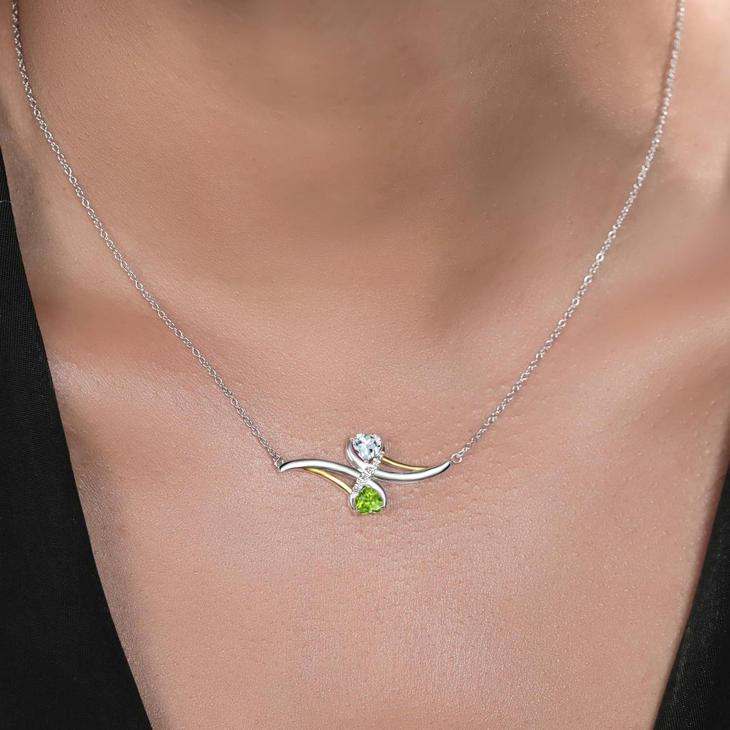 925 Sterling Silver and 10K Yellow Gold Green Peridot and Sky Blue Aquamarine Pendant Necklace for Women (0.98 Cttw, Gemstone Birthstone, with 18 Inch Chain)