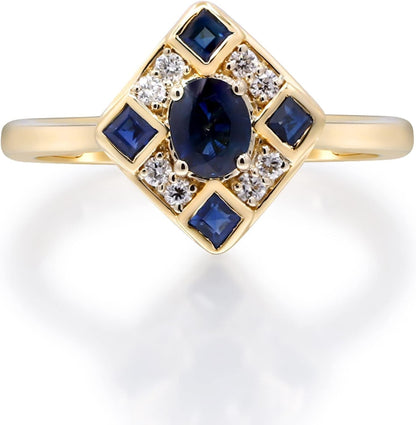 10K Yellow Gold Genuine Blue Sapphire Ring with Diamonds for Women | Ethically, Authentically & Organically Sourced (Oval-Cut) Shaped Sapphire Hand-Crafted Jewelry for Her | Sapphire Ring for Women