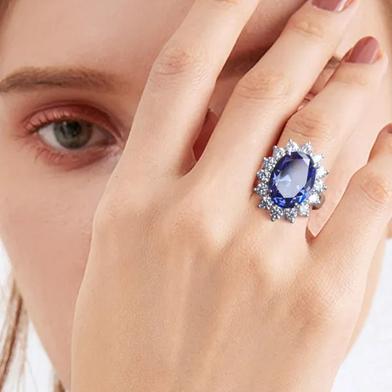 Newshe 6 Carats Oval Created Blue Tanzanite Gemstone Statement Ring for Women AAA CZ Cocktail Party Ring 925 Sterling Silver Sz 5-12