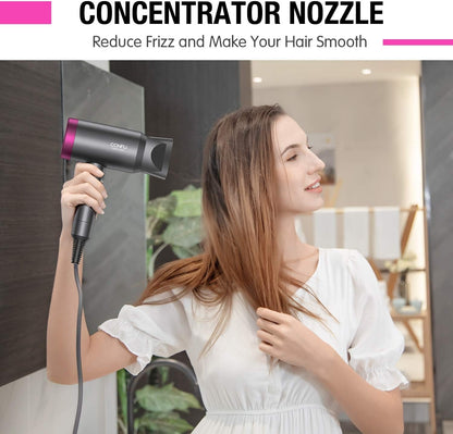 Ionic Blow Dryer 1600W, Portable Lightweight Fast Drying Negative Ion Hairdryer Blowdryer, 3 Heat Settings & Infinity Speed, with Diffuser and Concentrator Nozzle for Home & Travel