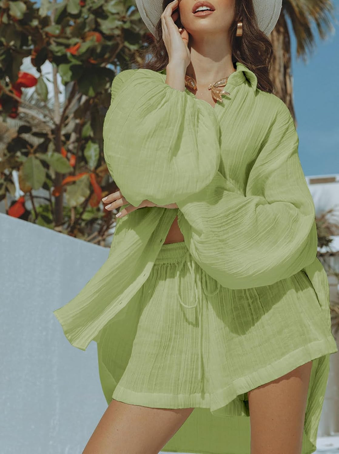 Women 2 Piece Outfits Summer Shorts Sets Lantern Sleeve Button down Shirt and Shorts Sweatsuit - WORLD TIME VISITS