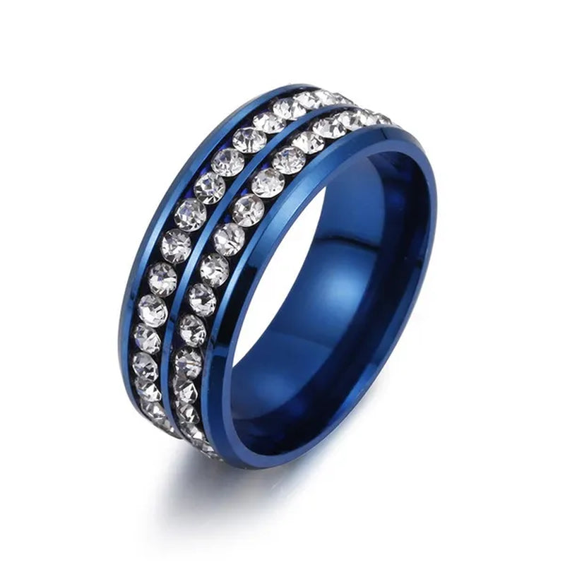 Fashion Exquisite Women Men 8mm Stainless Steel Unique Double Row Crystal Diamond Ring Wedding Band Jewelry Gifts(Size 5-13)