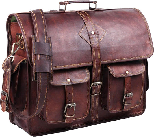 Vintage Leather Laptop Bag for Men Full Grain Large Leather Messenger Bag for Men 18 Inches with Rustic Look Brown Briefcase (Brown) - WORLD TIME VISITS