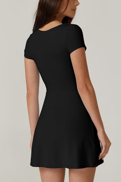 Womens Square Neck Tennis Dress Short Sleeve Built in Shorts Golf Athletic Dress with Pockets - WORLD TIME VISITS