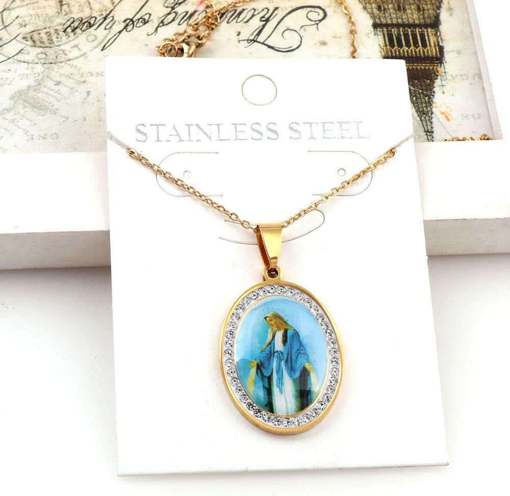 Miraculous Medal, Virgin Mary Necklace, Religious Gifts for Women, Golden Stainless Steel Necklace Inlaid Zircon Pendant, Fashion Religious Jewelry, Gifts for Women