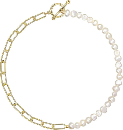 Paper Clip Pearl Necklace Vintage Chunky Link Chain Baroque Cultured Pearls 18K Gold Choker Fashion Retro Charm Valentine Jewelry for Women Girls