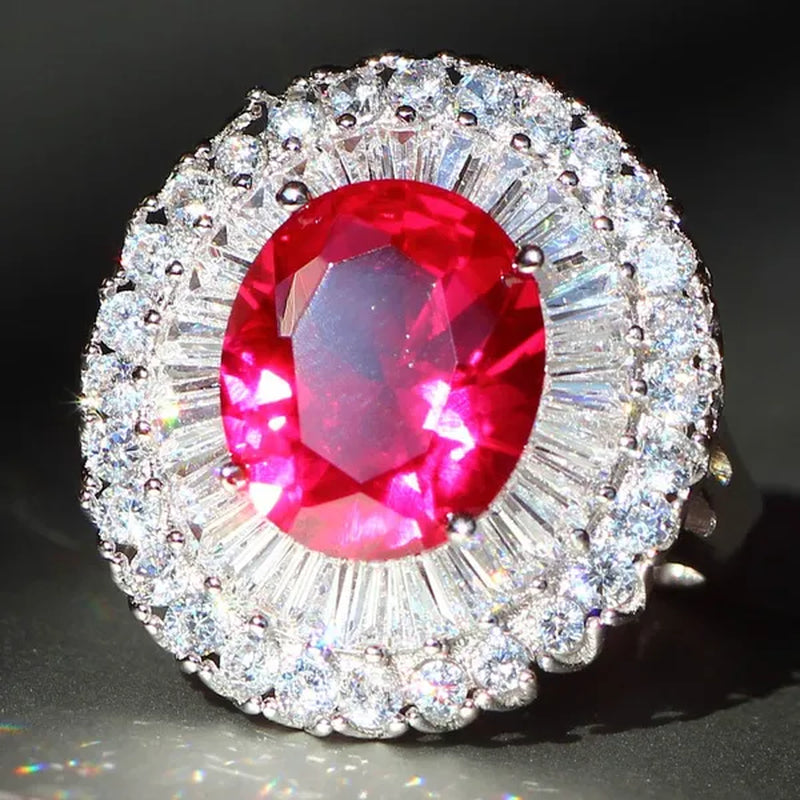 Luxurious Silver Natural Gemstones Ruby and White Sapphire Wedding Birthstone Bride Engagement Multilevel Square Ring Jewelry Size 6 7 8 9 10