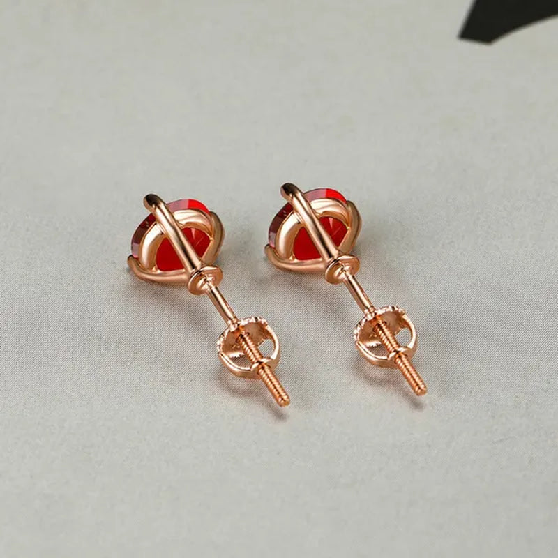 Exquisite Fashion Women Love Princess 925 Silver Round Cut Ruby Garnet Three Prong Stud Earrings for Women Bridal Wedding Jewelry Gifts