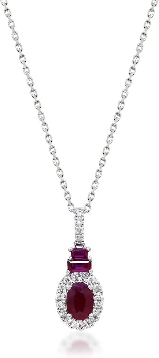 10K White Gold Genuine Ruby and Natural Diamond (I1) Pendant for Women. - WORLD TIME VISITS