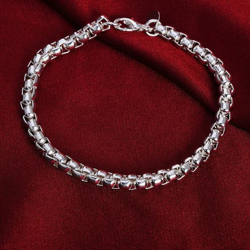 Solid 925 Sterling Silver Italian 5mm Square Rolo Link Round Box Chain Bracelet for Men Jewelry
