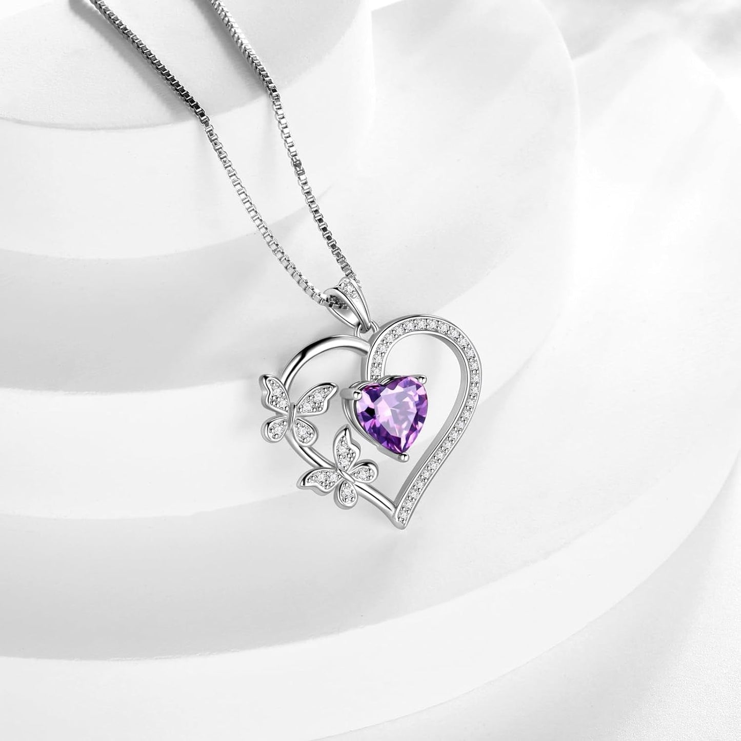 Heart Butterfly Pendant Necklace - 925 Sterling Silver Birthstone Heart Crystal Necklace Gifts for Women Jewelry Mothers Day Valentines Birthday Gifts for Girls