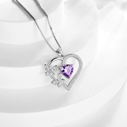 Heart Butterfly Pendant Necklace - 925 Sterling Silver Birthstone Heart Crystal Necklace Gifts for Women Jewelry Mothers Day Valentines Birthday Gifts for Girls