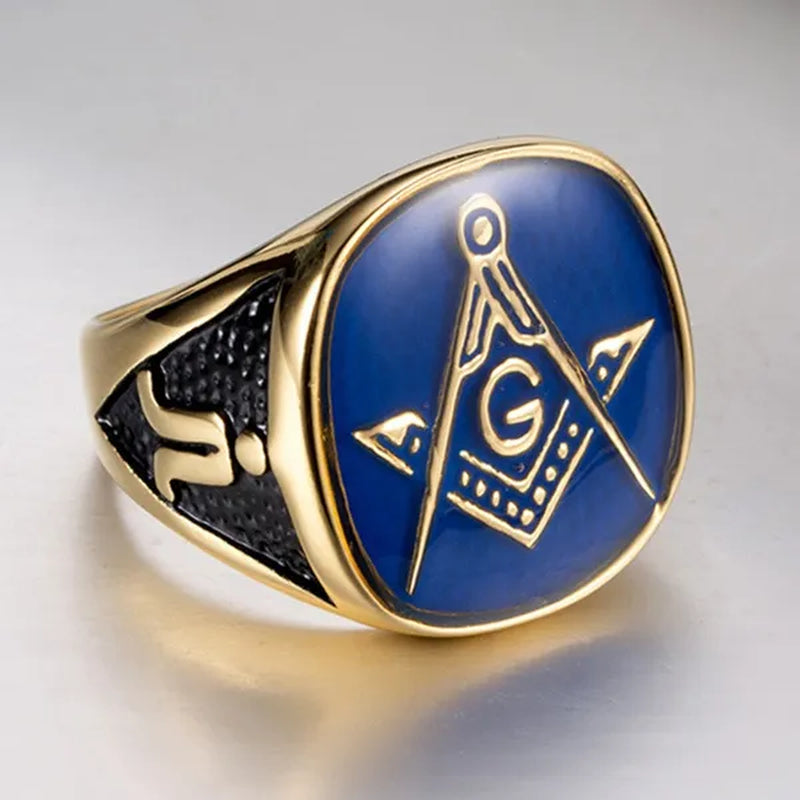 Gold BlueTitanium Steel Freemason Masonic Ring For Men Hip Hop Jewelry Religious Freemasonry Classics Rings Gold