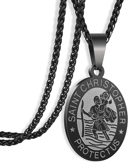 Oval Saint Christopher/Michael/Joseph/Virgin Mary/Florian/Jude Pendant Medal Necklace, Catholic Stainless Steel Wheat Chain 24 Inches - WORLD TIME VISITS