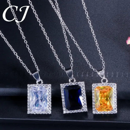 CANDICE Top Grade Bright Square Yellow Pave Sterling Silver Pendant Necklace Earrings and Ring with Tiny CZ Stone Jewelry 3 Pcs Sets for Women Dress Accessories