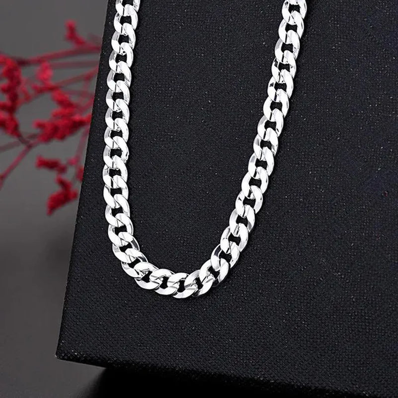 Solid 925 Sterling Silver Italian 7mm Solid Diamond-Cut Cuban Link Curb Chain Necklace for Men