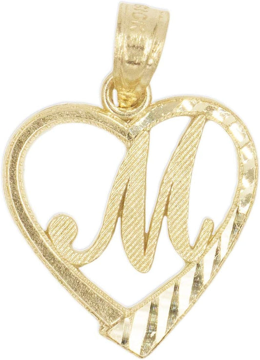 10K Solid Gold Initial Pendant in Heart Frame with Diamond Cut Finish, Available in Different Letters of Alphabet Personalized Charm for Women (M)