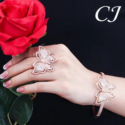 CANDICE High Quality Rose White Gold Plated Full Pave Tiny Crystal Stone Big Butterfly Shape Ring and Bangle Bracelet Party Jewelry Set for Women Christmas Gift - WORLD TIME VISITS