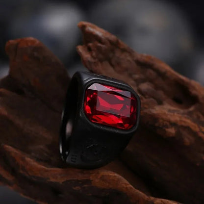 Cool Men Punk Ruby Rings Oval Red Crystal Ring Garnet Black Metal Stainless Steel Ring Fashion Jewelry
