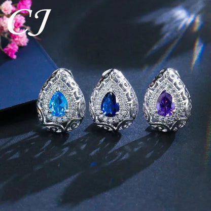 CANDICE Elegant Stamp Sterling Silver Plated Women Jewelry Set Pear Drop Red Cubic Zirconia Necklace Earring Ring 3Pcs Sets