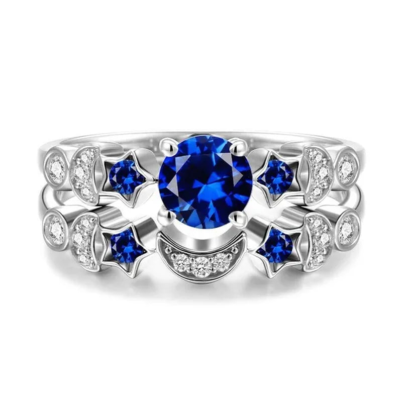 Romantic Moon and Stars Engagement Ring Set 925 Sterling Silver CZ Blue Sapphire Diamond Promise Rings Fashion Cocktail Party Jewelry Bridal Wedding Band Size 6-10 - WORLD TIME VISITS