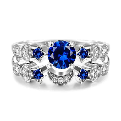 Romantic Moon and Stars Engagement Ring Set 925 Sterling Silver CZ Blue Sapphire Diamond Promise Rings Fashion Cocktail Party Jewelry Bridal Wedding Band Size 6-10 - WORLD TIME VISITS