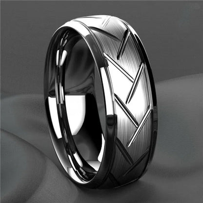 Fashion creative black silver groove cut ring diagonal arc solid color ring engagement ring anniversary gift - WORLD TIME VISITS