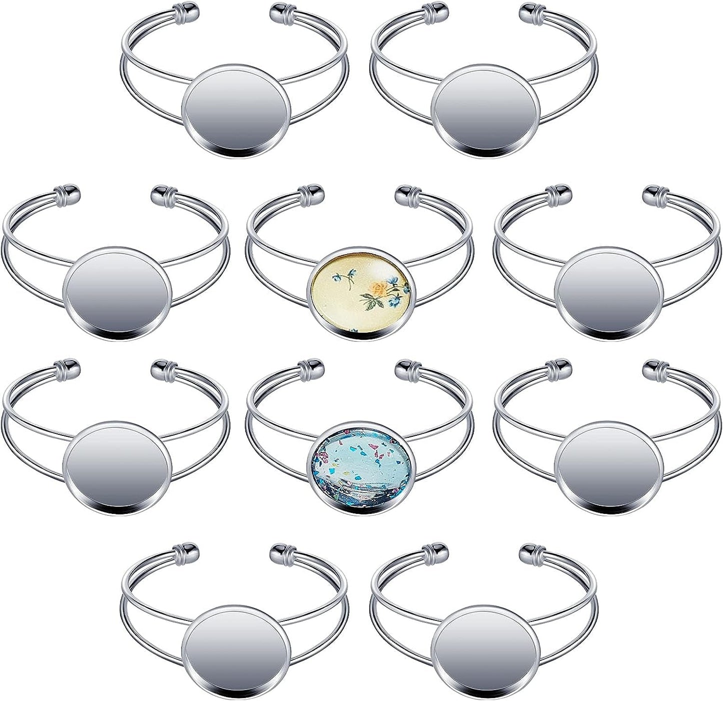 Jewelry Making Kit, 10Pcs 25Mm Bezel Tray Blank Bangle Bracelet, Adjustable round Bracelet for DIY Handmade, Men and Women (Silver)