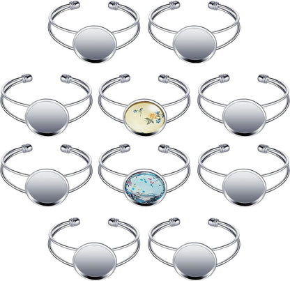 Jewelry Making Kit, 10Pcs 25Mm Bezel Tray Blank Bangle Bracelet, Adjustable round Bracelet for DIY Handmade, Men and Women (Silver)
