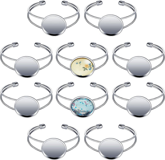 Jewelry Making Kit, 10Pcs 25Mm Bezel Tray Blank Bangle Bracelet, Adjustable round Bracelet for DIY Handmade, Men and Women (Silver)