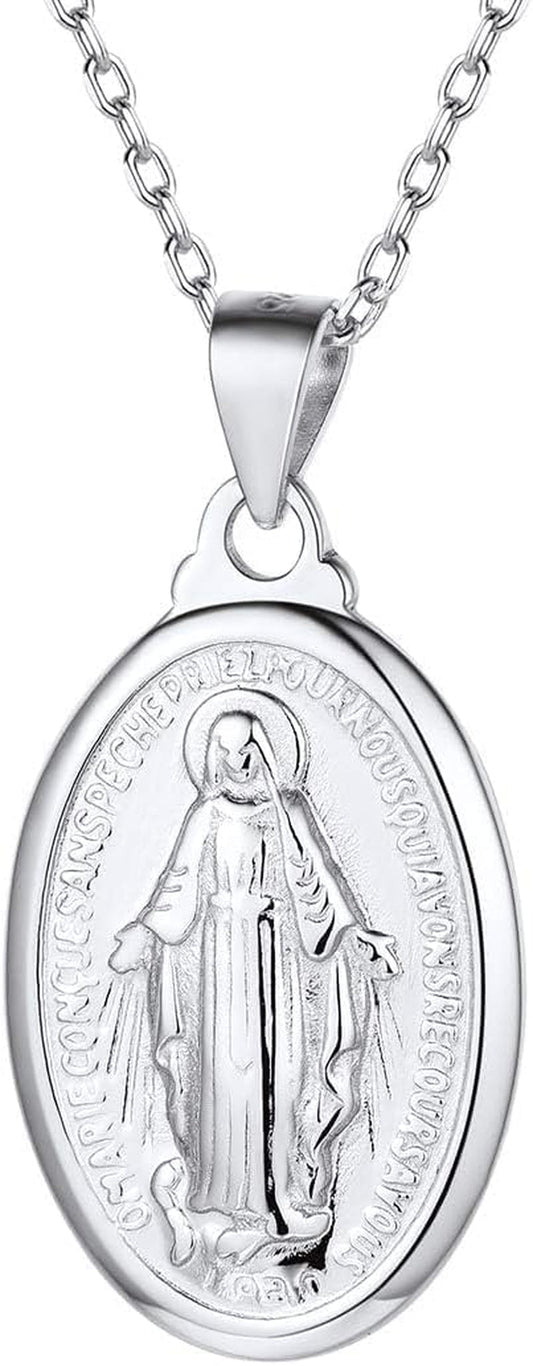 Personalized Virgin Mary Necklace 925 Sterling Silver Religious Christian Jewelry Oval Medal Coin Pendant Necklace for Women Men(With Gift Box) - WORLD TIME VISITS