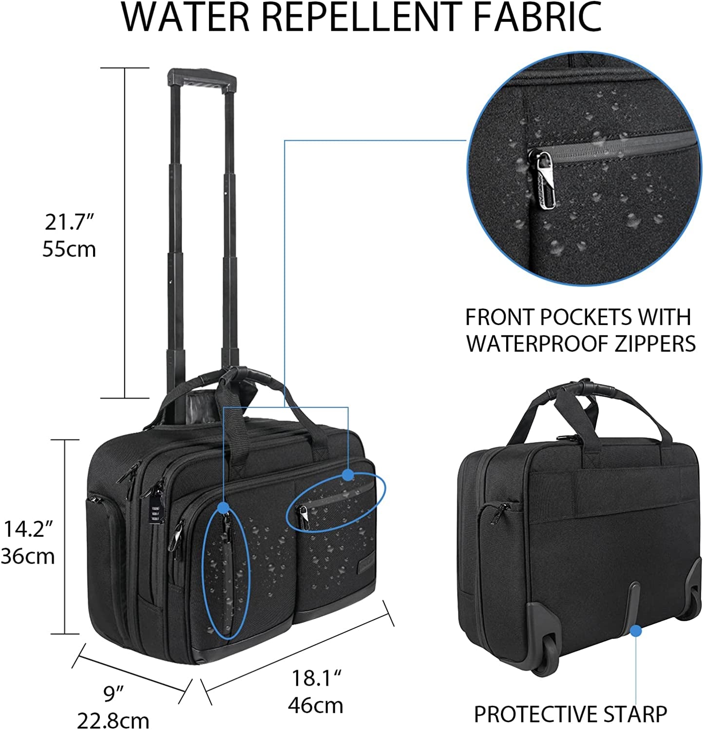 17.3 Inch Rolling Laptop Bag, Waterproof Overnight Rolling Bags, Laptop Bags for Travel/Work/Business, Stylish Carry on Briefcase, Black