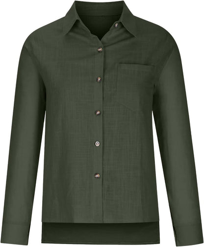 Women Cotton Linen Summer Tops Button down Shirts Dressy Causal Long Sleeve Gauze Blouses Trendy Boho Clothes 2024 Linen Shirt Women Army Green XL