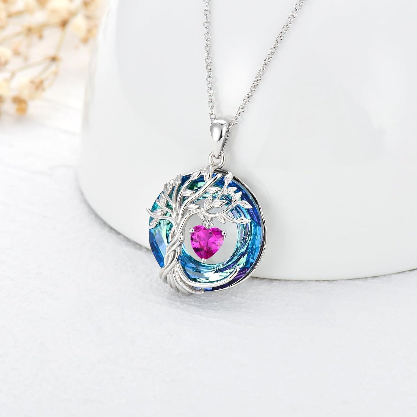 Tree of Life Birthstone Necklaces for Women White Gold Plated 925 Sterling Silver Irish Celtic Tree Jewelry Austrian Crystal Necklace Birthday Gifts